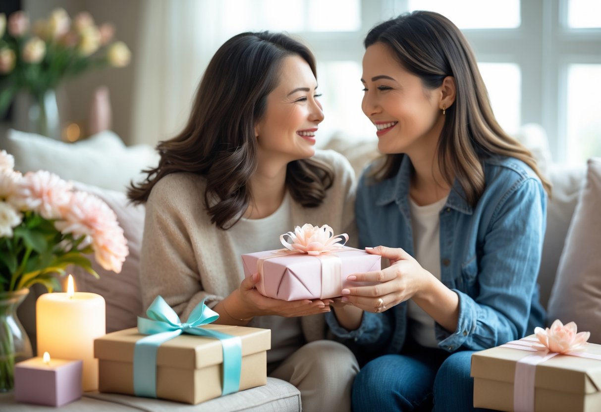 Two women sharing a warm moment as one gives a wrapped gift to the other in a cozy living room decorated with flowers and candles.