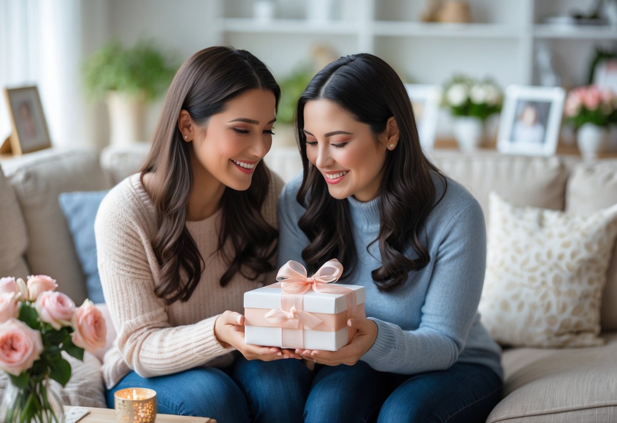 Two women sitting closely on a sofa exchanging a gift and smiling warmly in a bright living room decorated with flowers and family photos.