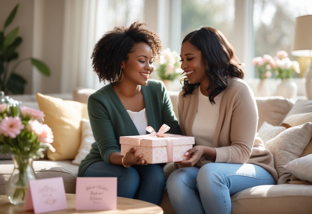 Two women sitting together on a sofa, one giving a gift to the other, sharing a warm and happy moment indoors.