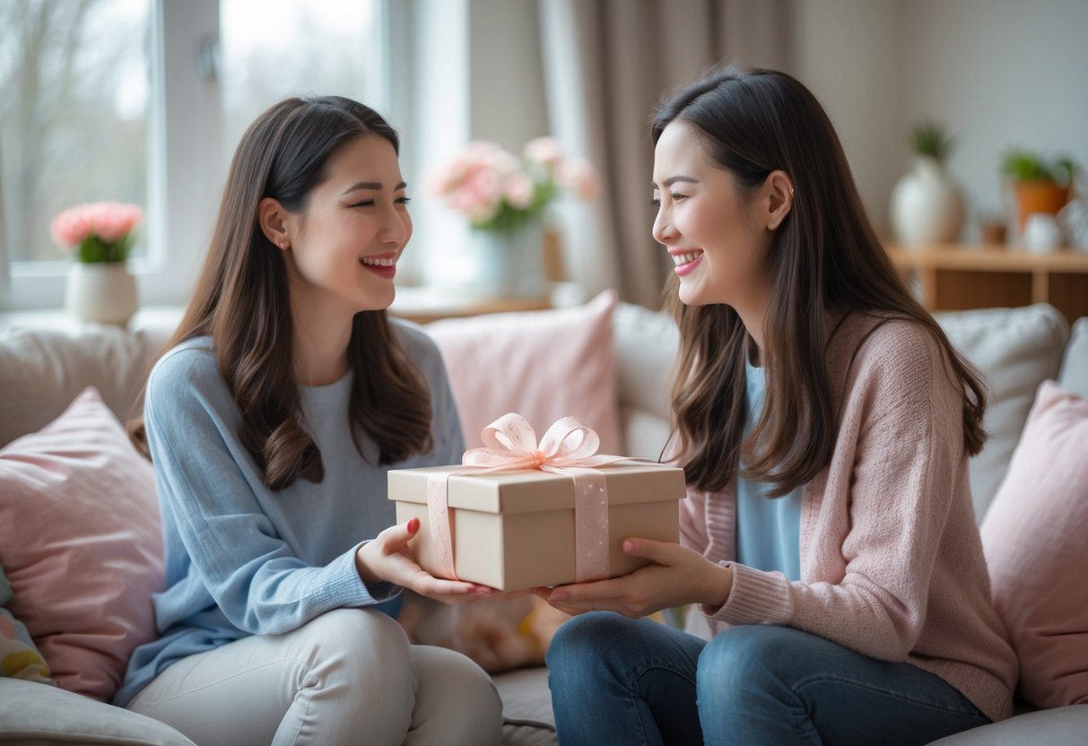 Two young women exchanging a wrapped gift in a cozy living room, smiling warmly at each other.