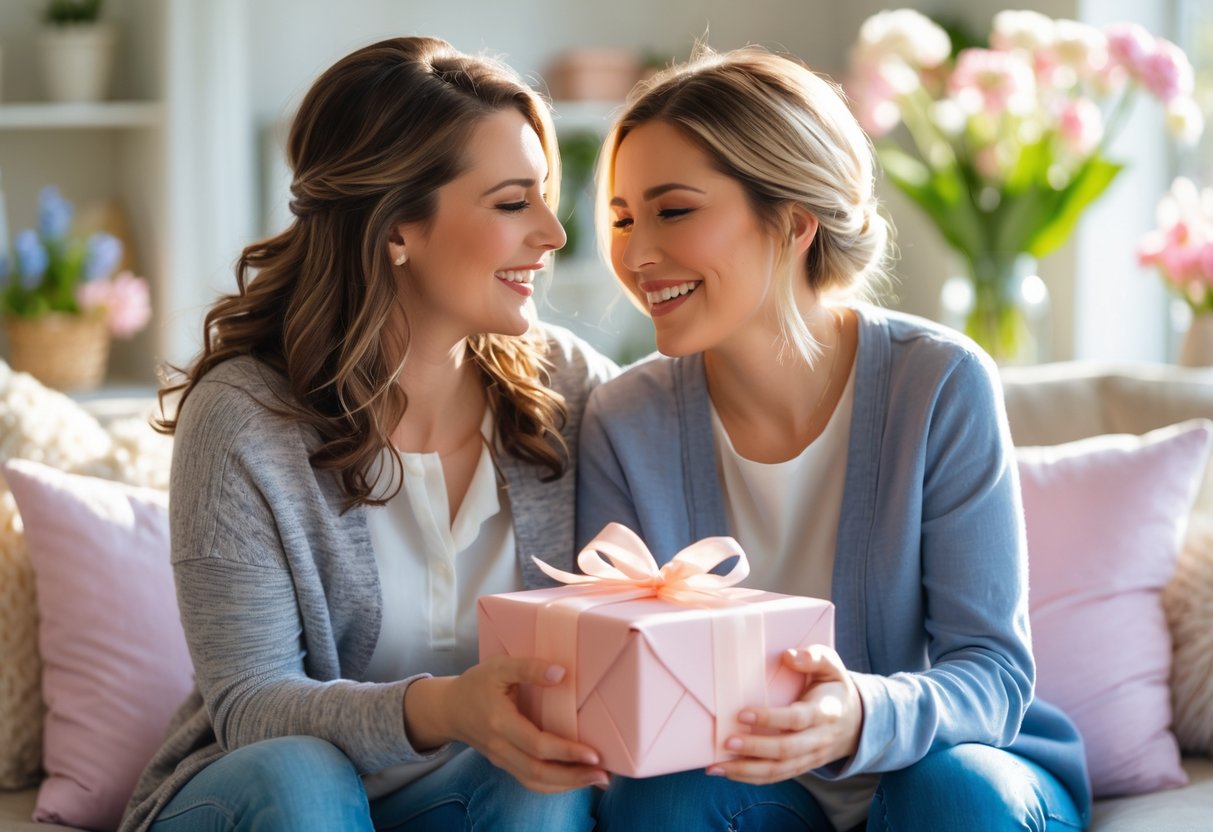 Two women smiling and exchanging a gift in a bright living room, sharing a warm and loving moment.
