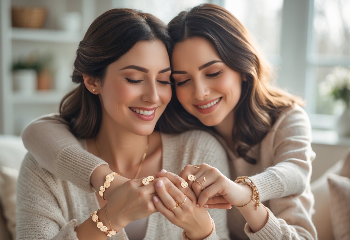 Two women sharing a warm embrace indoors, one gently holding the other’s hand wearing elegant message jewelry.