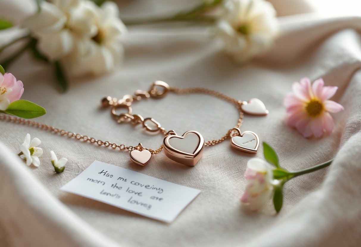 Close-up of delicate jewelry pieces on soft fabric with flowers and a handwritten note, symbolizing love and family.