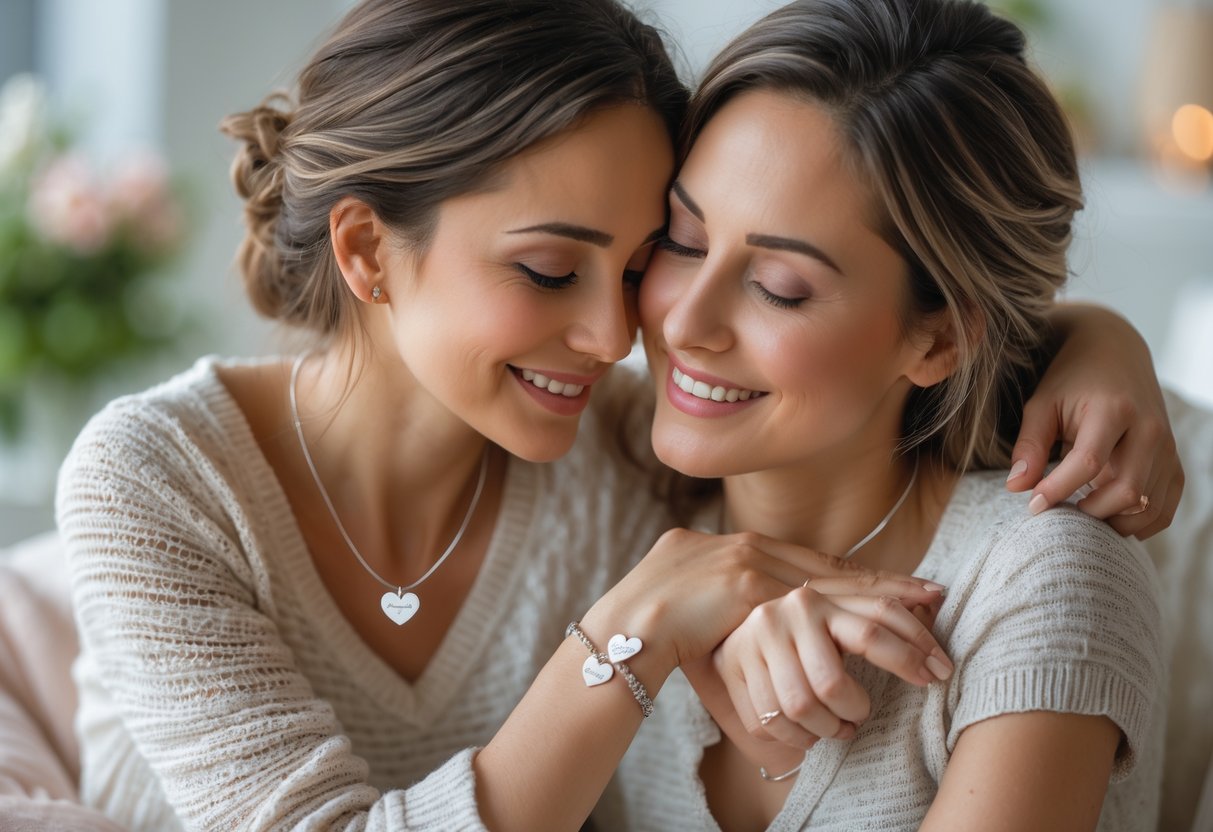 Two women sharing a loving embrace, wearing delicate message jewelry, expressing a close and caring family bond.