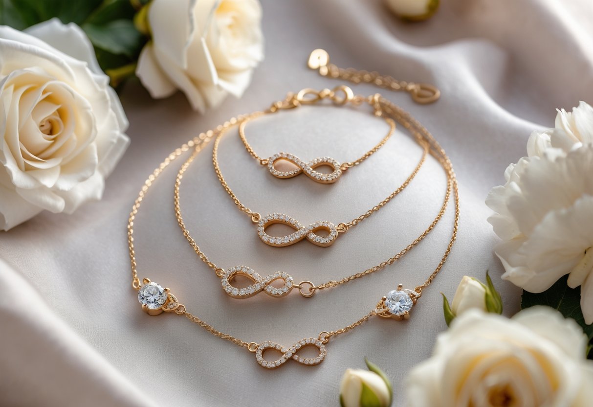 Close-up of elegant diamond jewelry with heart and infinity designs displayed on soft fabric surrounded by white flowers.