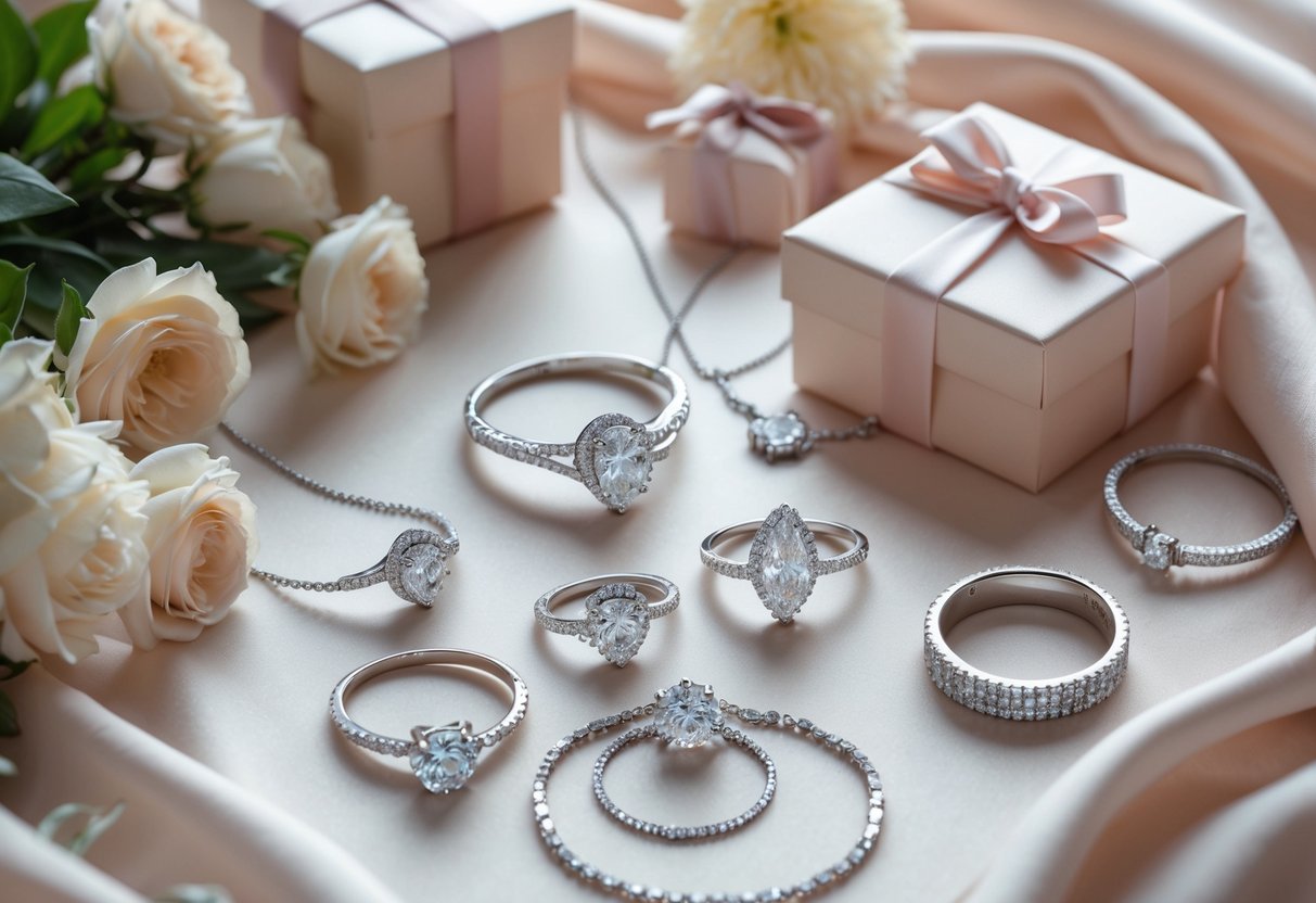 A collection of diamond rings, necklaces, and bracelets displayed with flowers and gift boxes on a soft fabric background.