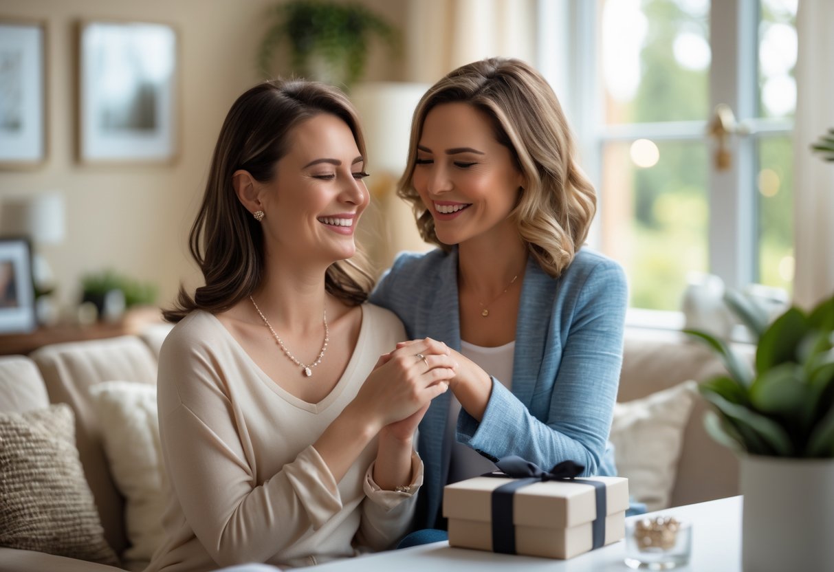 Two women smiling as one puts a diamond necklace on the other in a cozy living room.