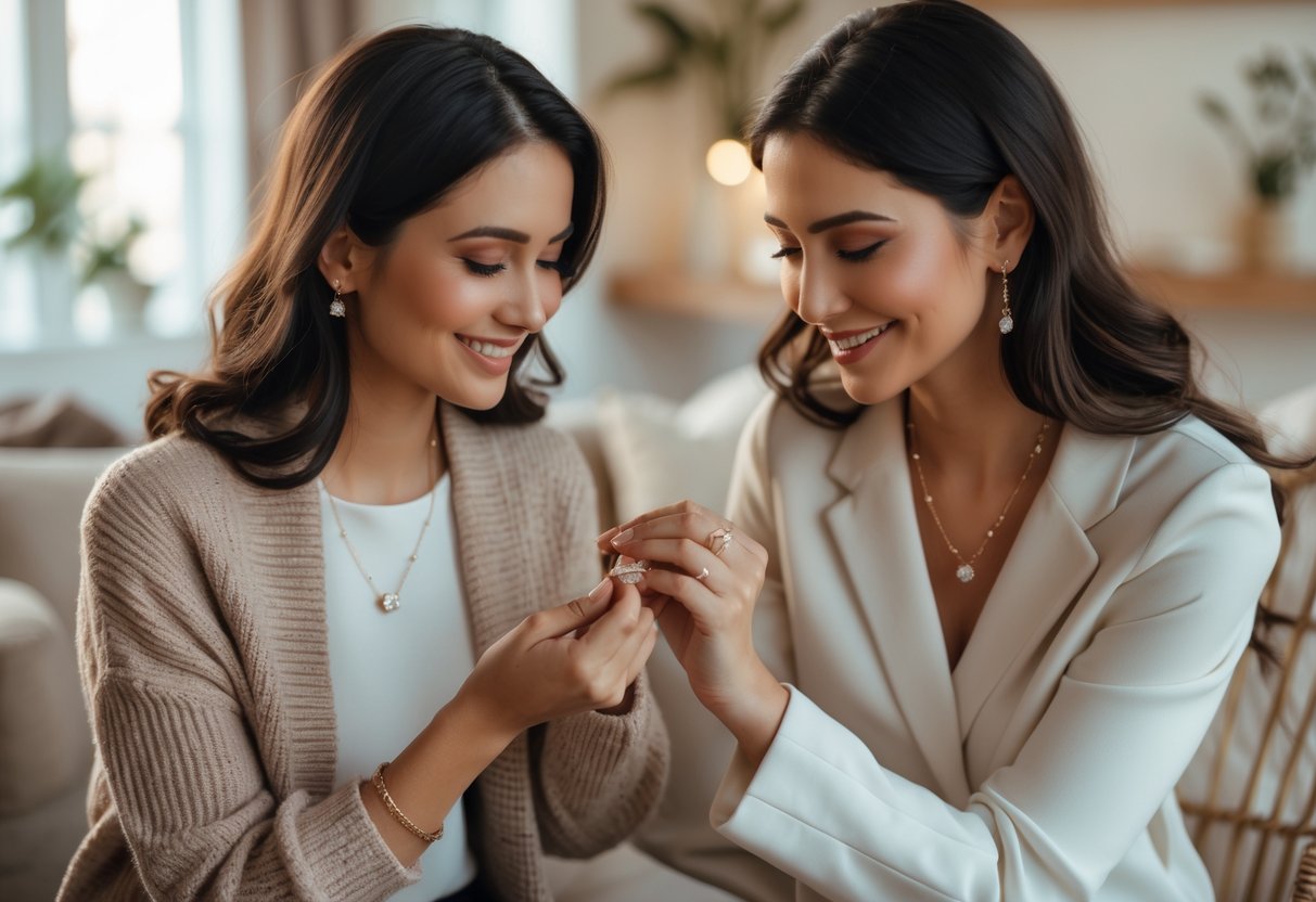 Two women sharing a tender moment as one puts a diamond necklace on the other in a warm, cozy indoor setting.