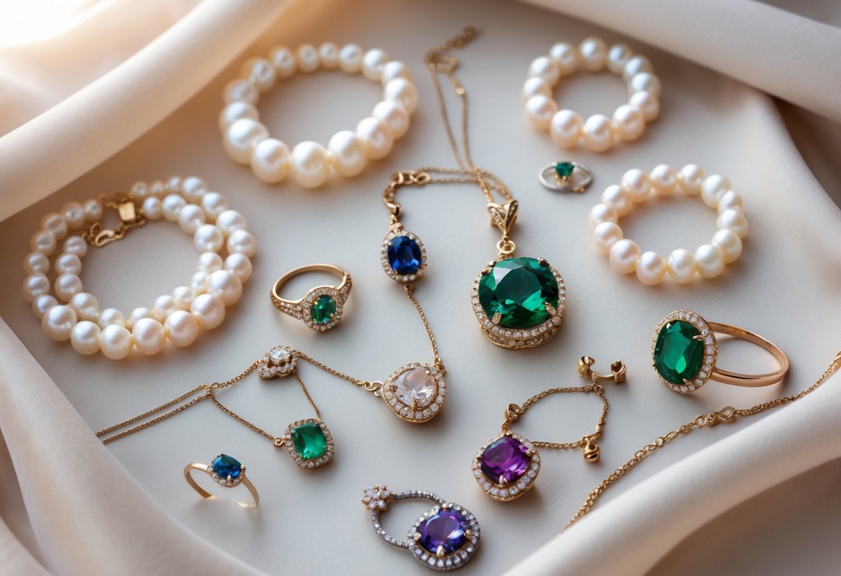 An elegant display of pearl and gemstone jewelry including necklaces, bracelets, and rings arranged on soft fabric.
