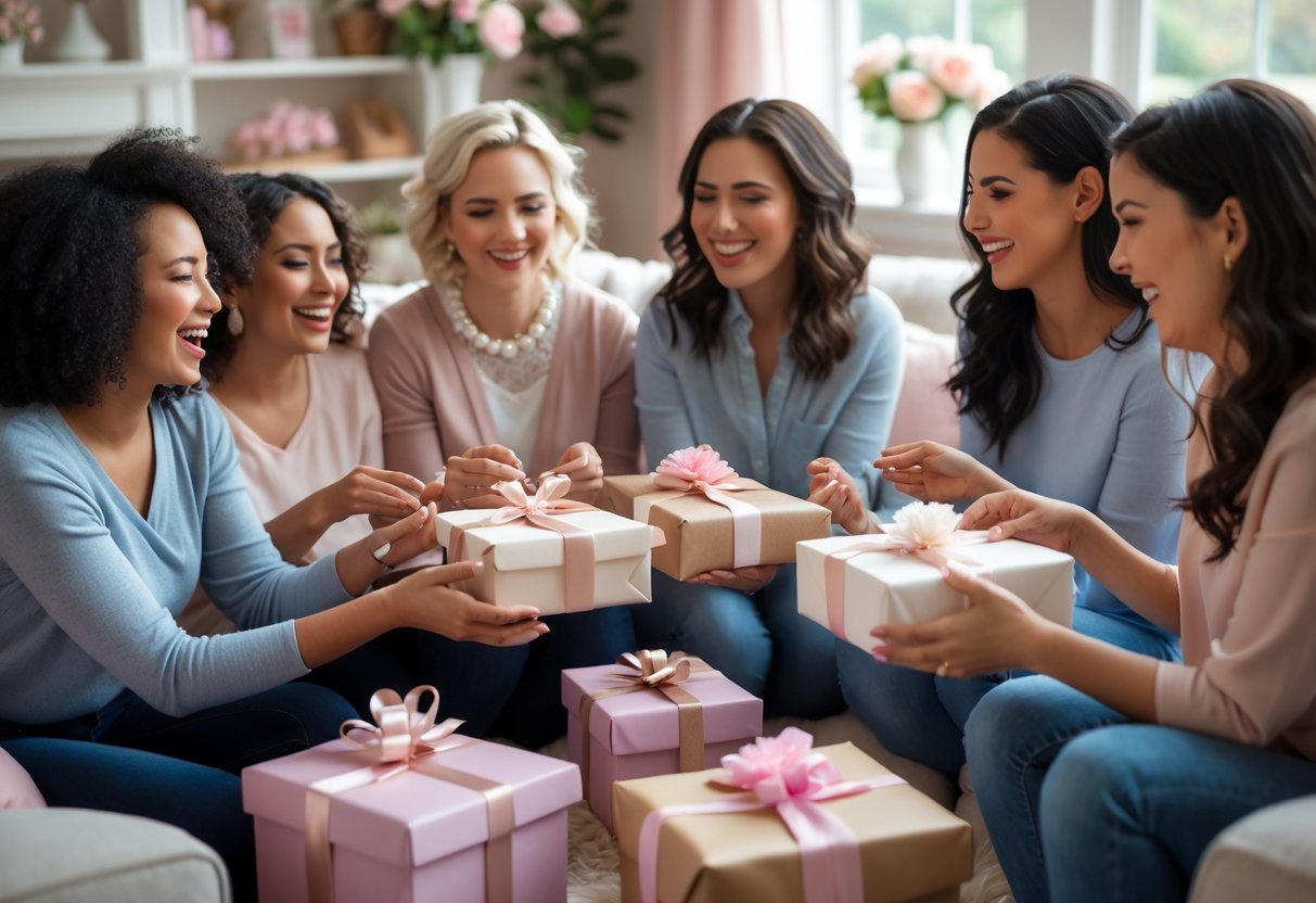 A group of women exchanging gifts and smiling together in a cozy living room decorated for Mother's Day.