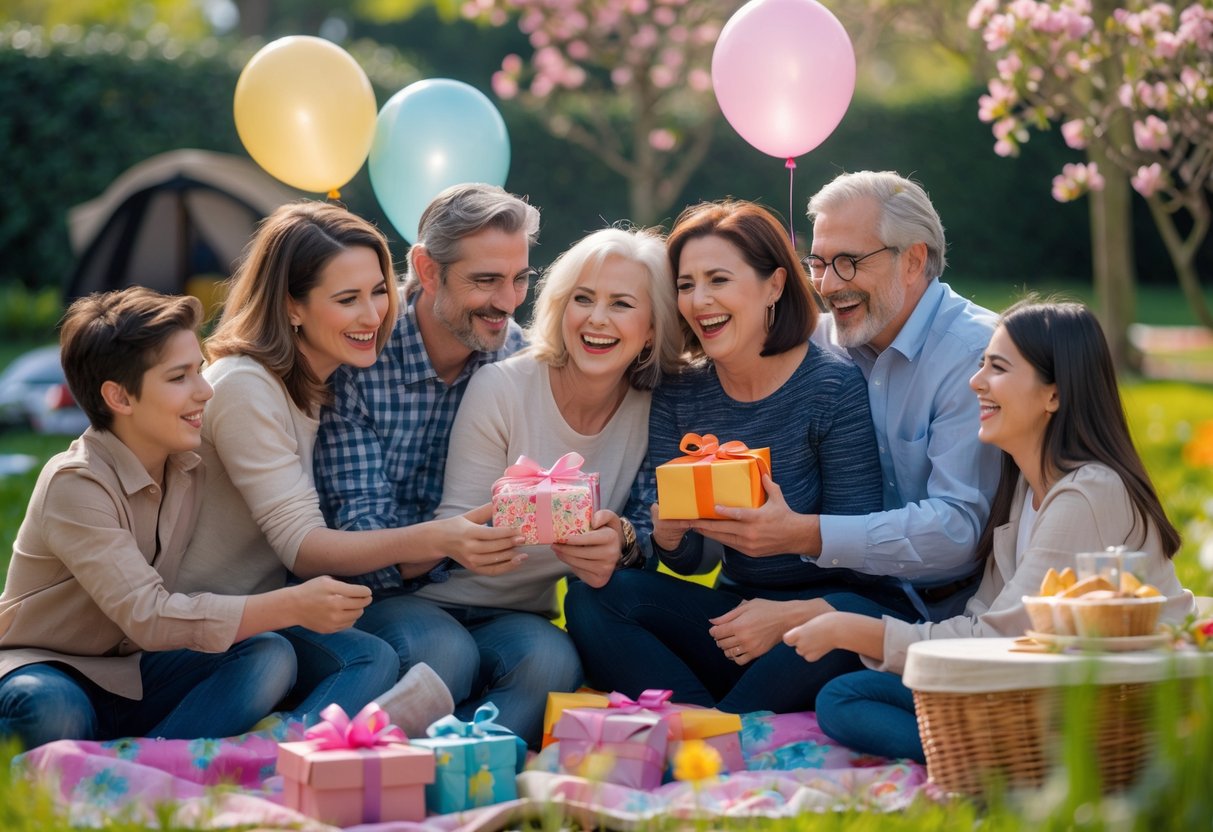 A group of cousins happily celebrating Mother's Day outdoors, exchanging gifts and sharing hugs in a sunny garden setting.