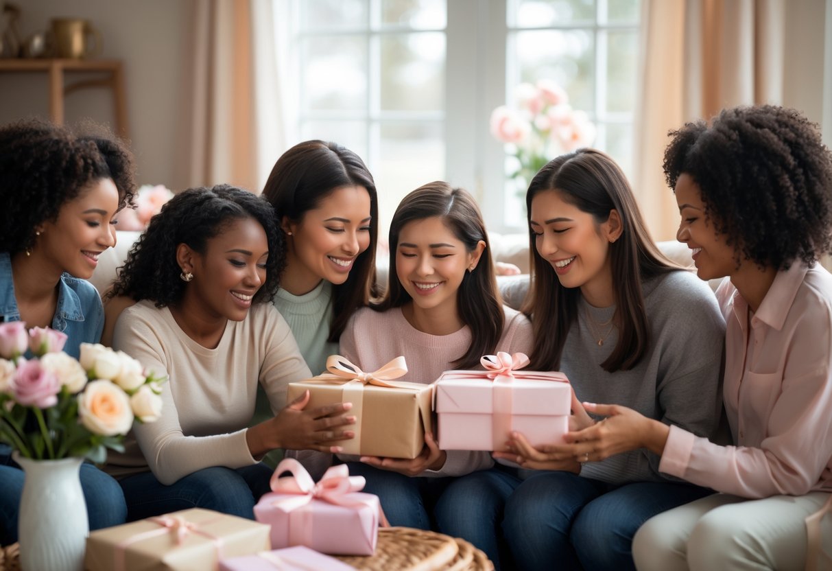A group of women exchanging gifts and smiling together in a cozy living room, celebrating a special family occasion.