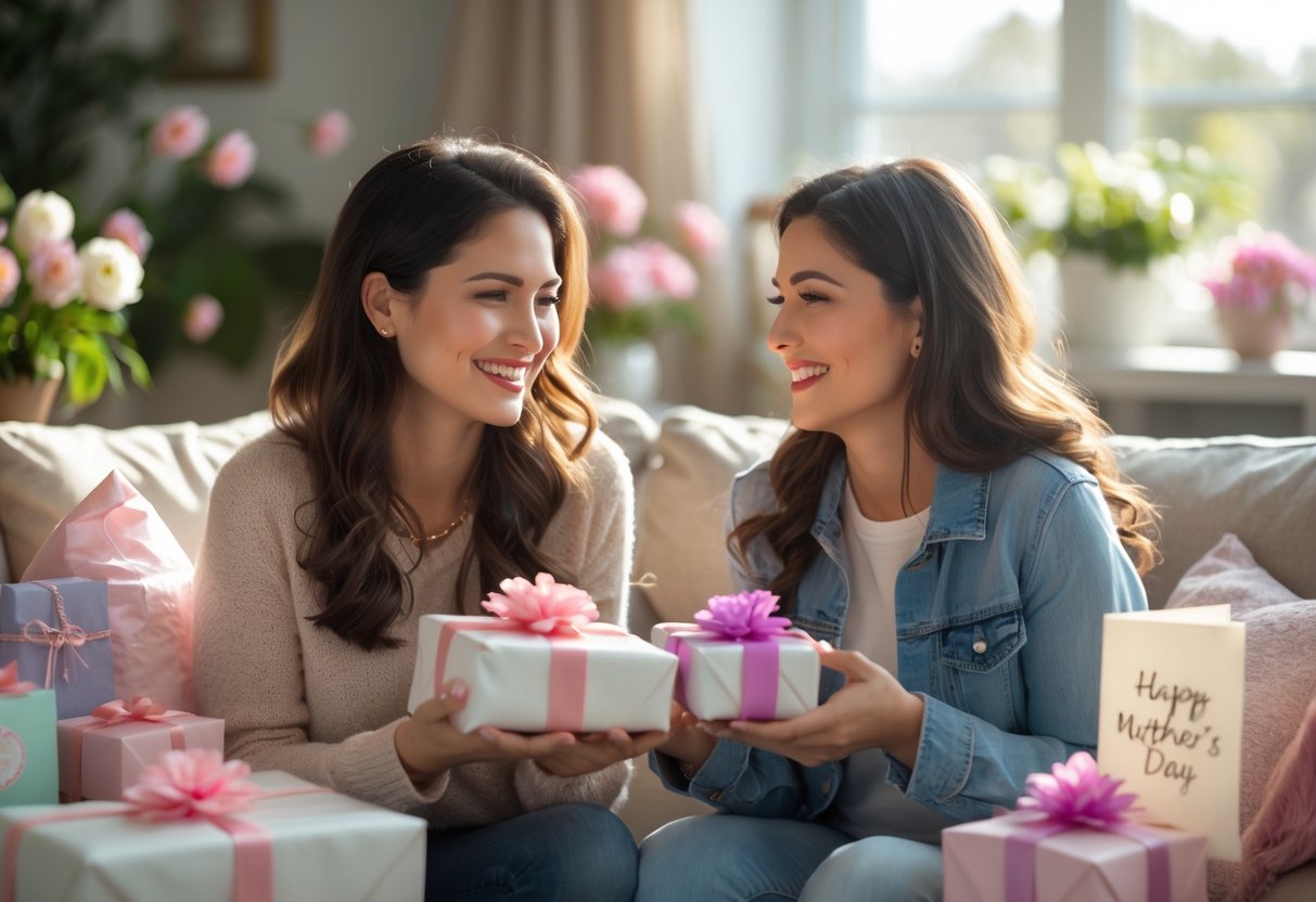 Two women exchanging personalized gifts and smiling warmly in a cozy living room decorated for Mother's Day.