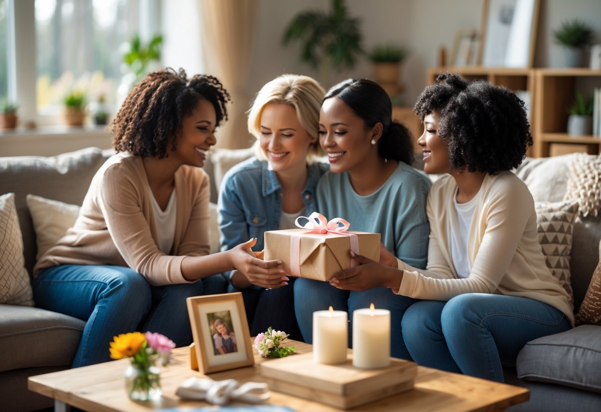 Two women exchanging a wrapped gift in a cozy living room while others smile nearby, celebrating a special family occasion.