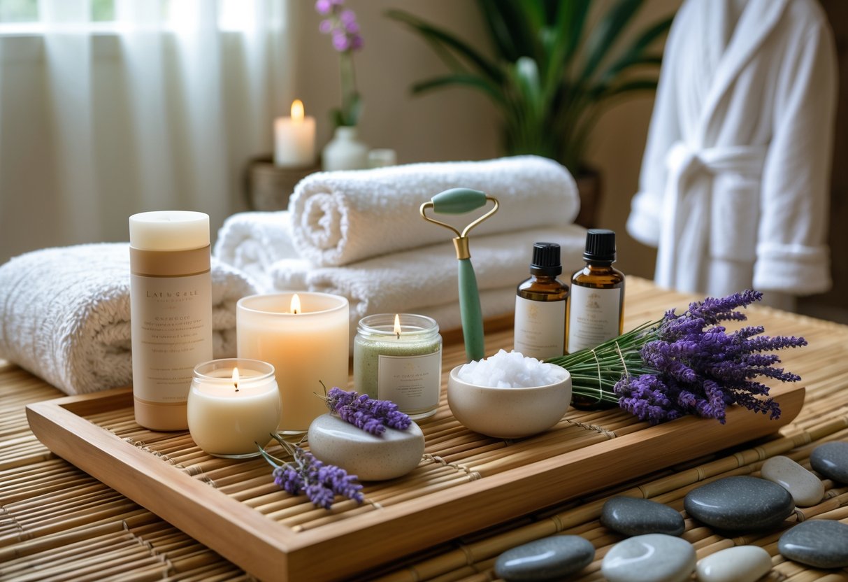 A spa setup with wellness gifts including candles, essential oils, a towel, facial roller, bath salts, and lavender in a softly lit room.