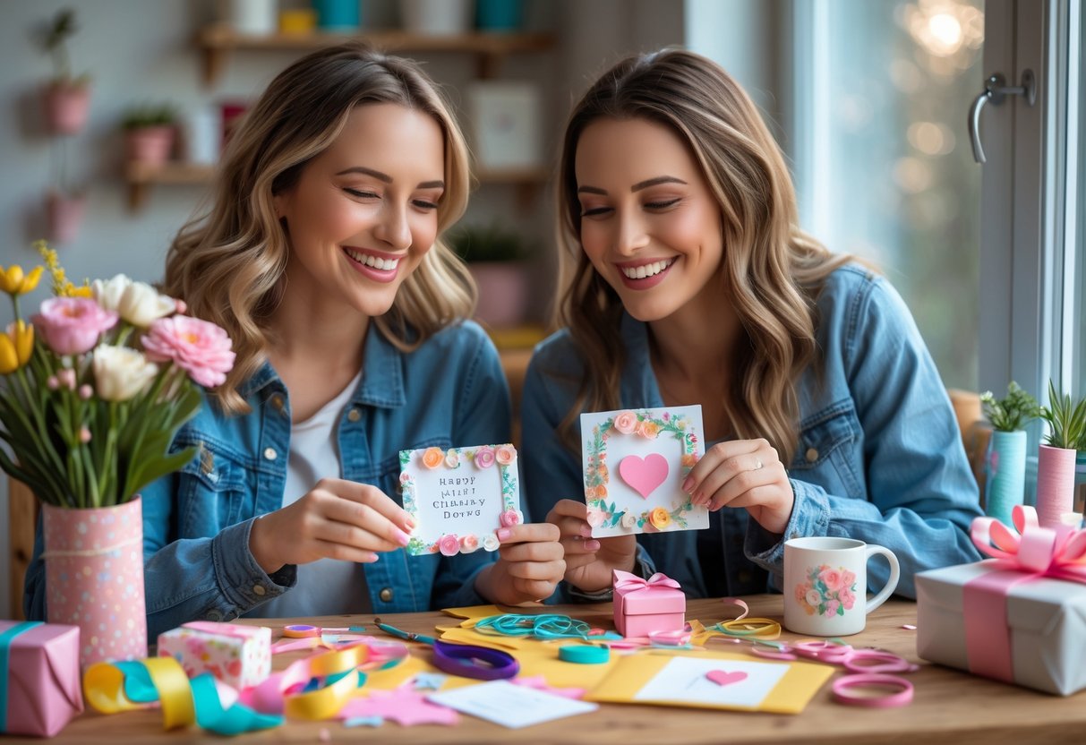 Two women crafting and exchanging handmade Mother's Day gifts at a wooden table filled with colorful supplies and flowers.