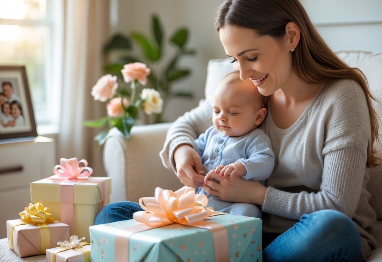 A young mother holding her baby and opening a wrapped gift in a cozy living room with soft sunlight.