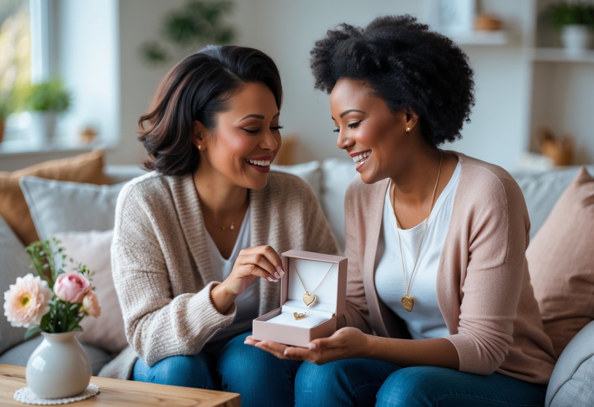 Two women smiling and sharing a moment as one gives the other a heart-shaped necklace in a cozy, sunlit living room.
