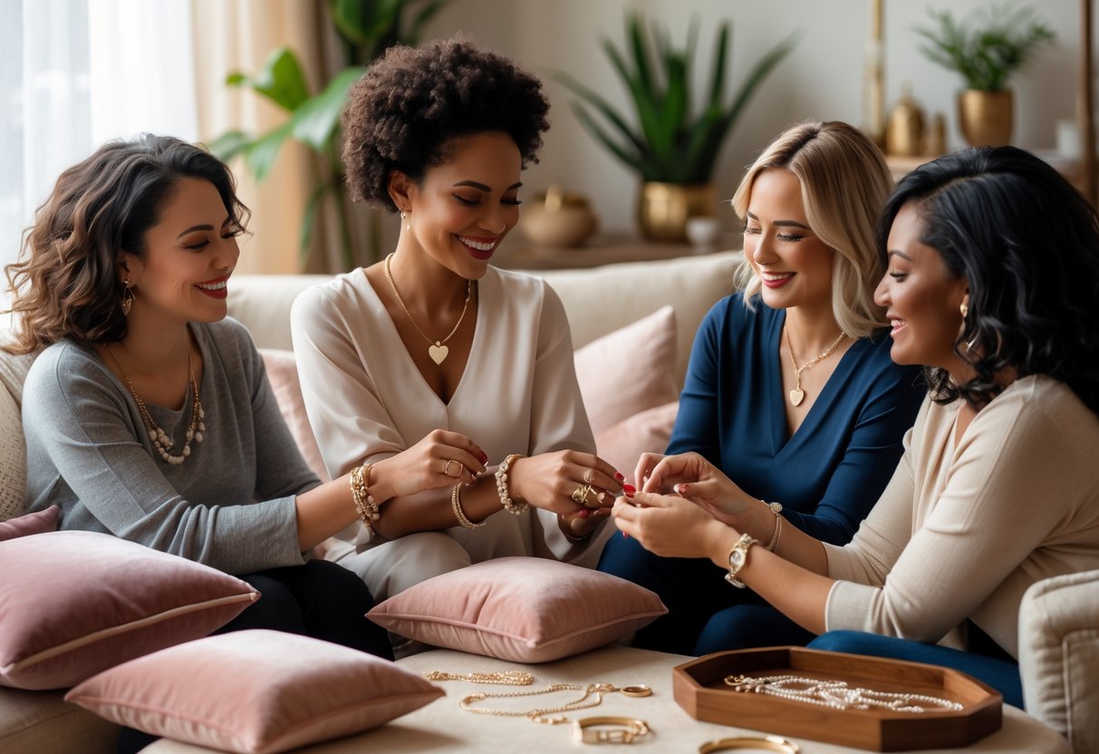 Two women sharing a heartfelt moment as one gives the other a heart-shaped necklace, surrounded by jewelry and warm home decor.