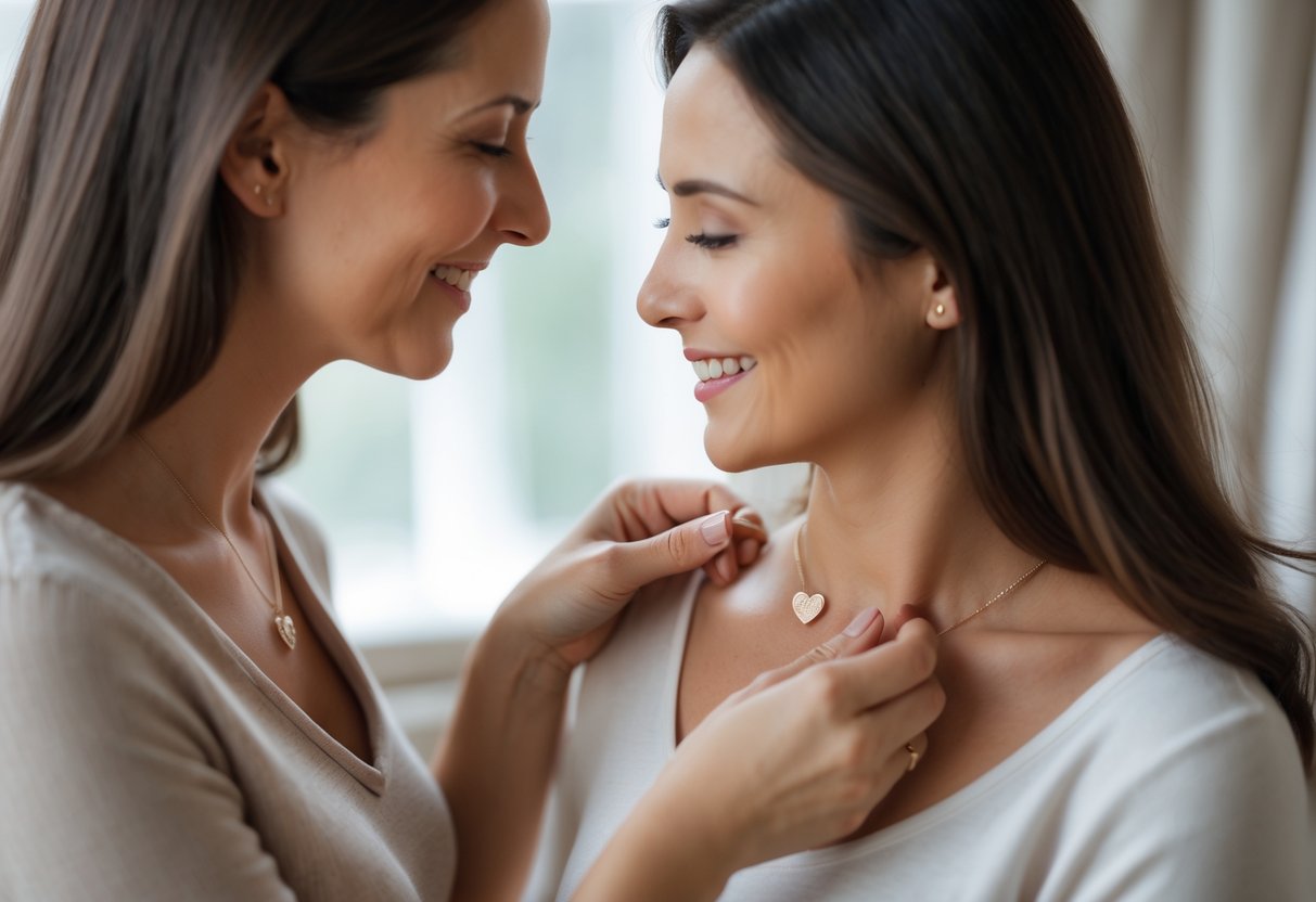 Two women sharing a warm moment as one puts a necklace on the other, symbolizing a close and loving connection.