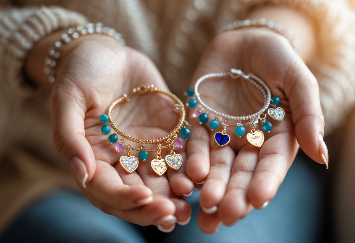 Close-up of hands holding elegant bracelets with heart-shaped charms and gemstones, symbolizing love and connection.