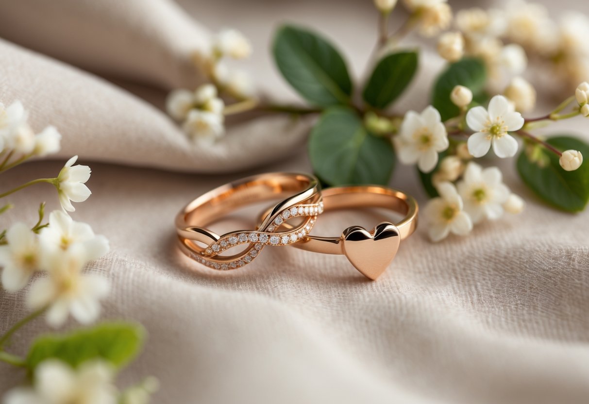 Close-up of two elegant rings on soft fabric with small white flowers and green leaves around them.