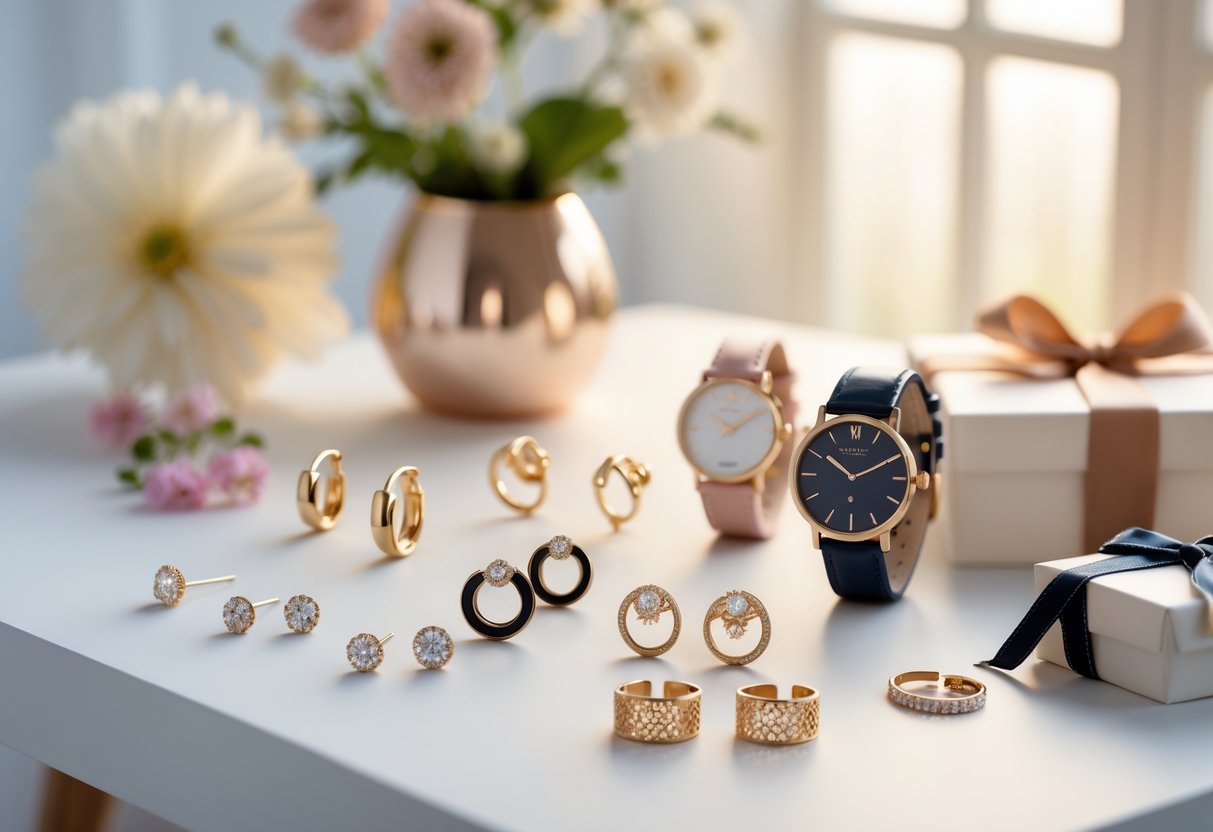A neatly arranged display of earrings and wristwatches on a white surface with soft natural lighting and a small vase of flowers nearby.