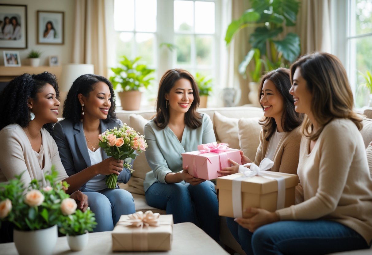 A group of women sharing a moment of gift-giving in a cozy living room, with one holding flowers and another presenting a wrapped gift.