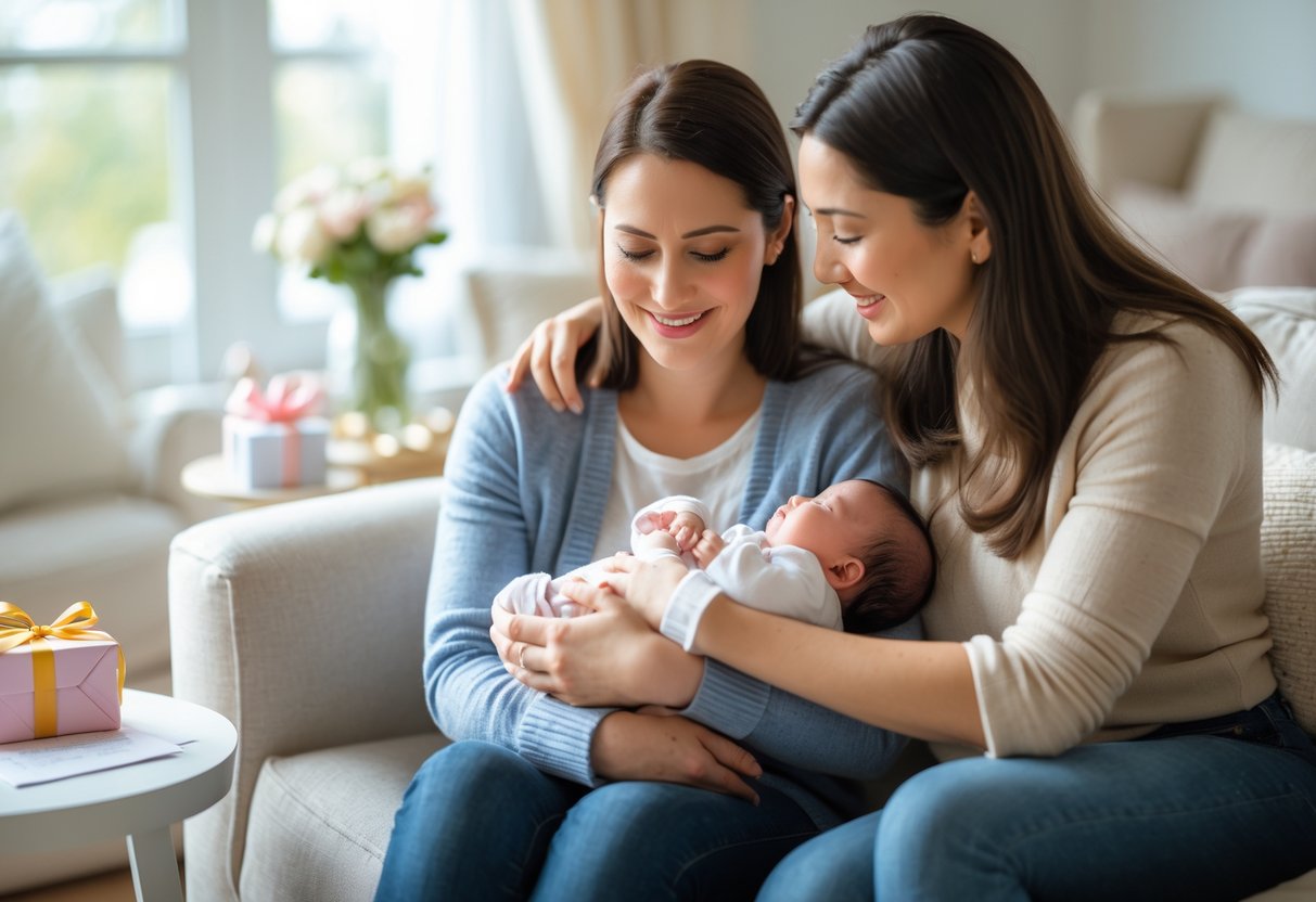 Two women sitting closely on a sofa, one holding a baby while the other supports her with a gentle touch, surrounded by a gift box and flowers in a bright living room.