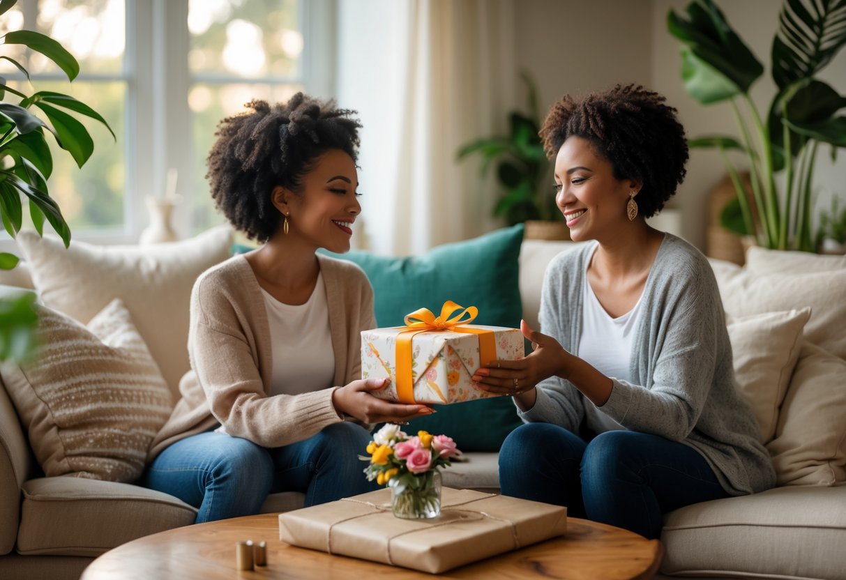 Two women sitting in a cozy living room exchanging a wrapped gift with warm smiles.