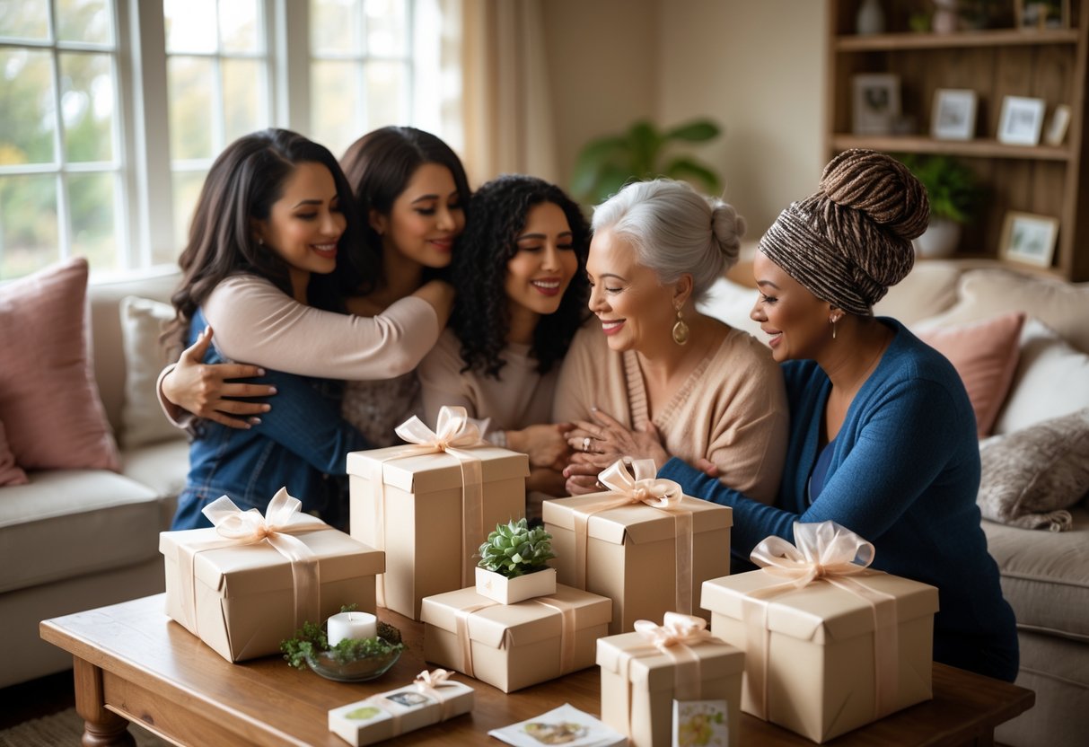 A group of women sharing a warm moment in a cozy room with personalized gifts and keepsakes on a table nearby.