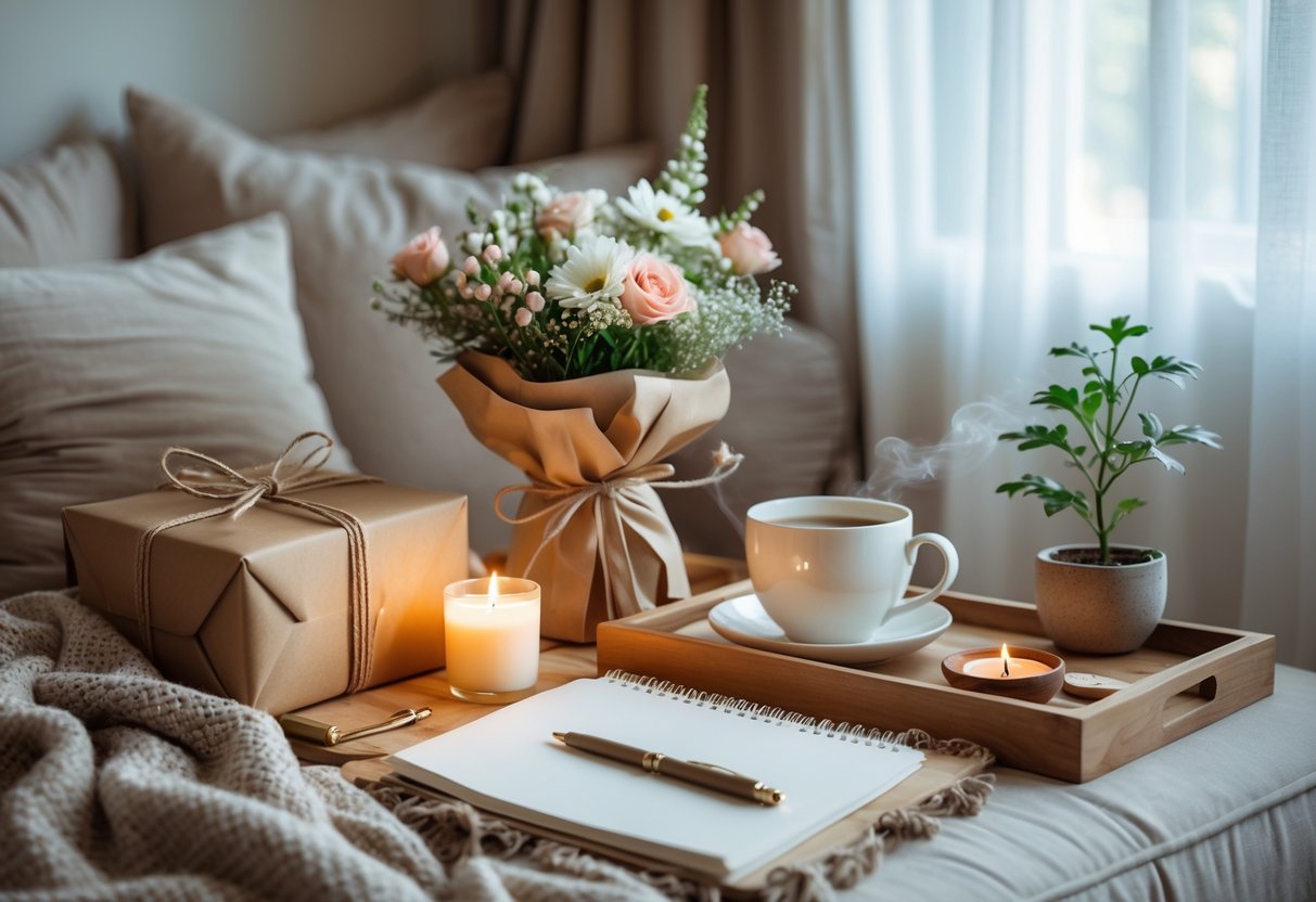 A cozy room with self-care gifts including a wrapped box, flowers, a candle, a blanket, a journal, a cup of tea, and a small plant arranged on a wooden tray.