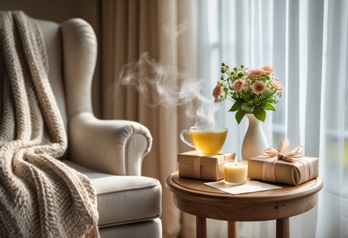 A cozy living room scene with a plush armchair, a knitted throw blanket, a steaming cup of tea on a wooden table, a bouquet of flowers, a wrapped gift box, and a handwritten card.