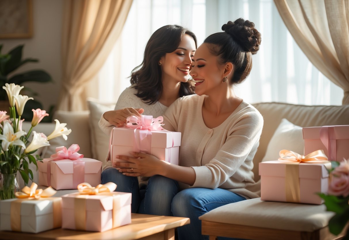 Two women sharing a warm embrace in a sunlit living room surrounded by gift boxes and flowers.