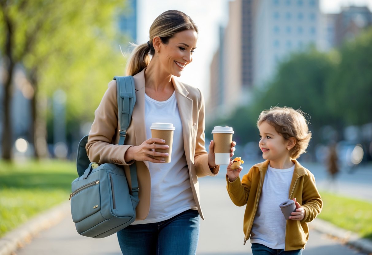 A mother walking outdoors with her child, carrying a practical bag and holding a coffee cup and smartphone, smiling warmly.