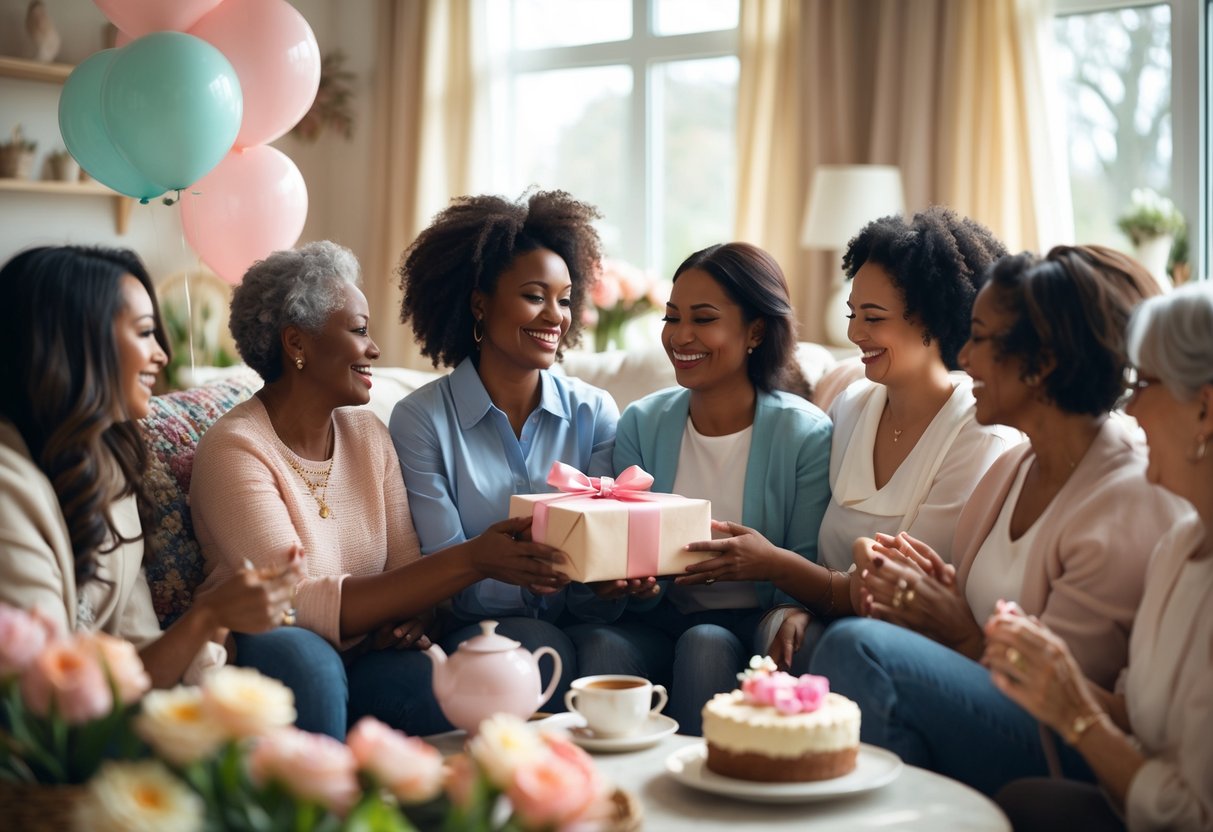 A group of women in a living room celebrating together as one woman gives a gift to another, surrounded by flowers and decorations.