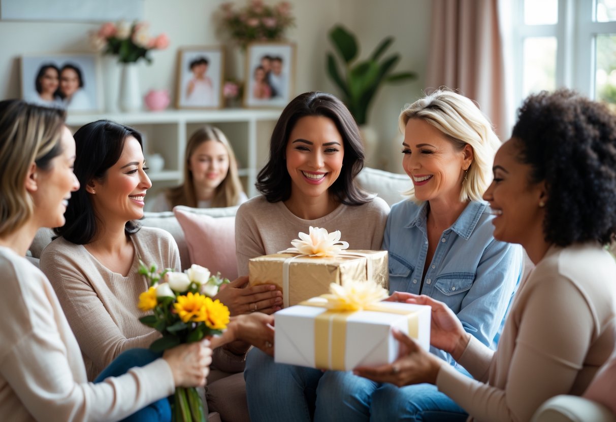 A group of women sharing a joyful moment as one woman receives a gift in a cozy living room decorated for Mother's Day.
