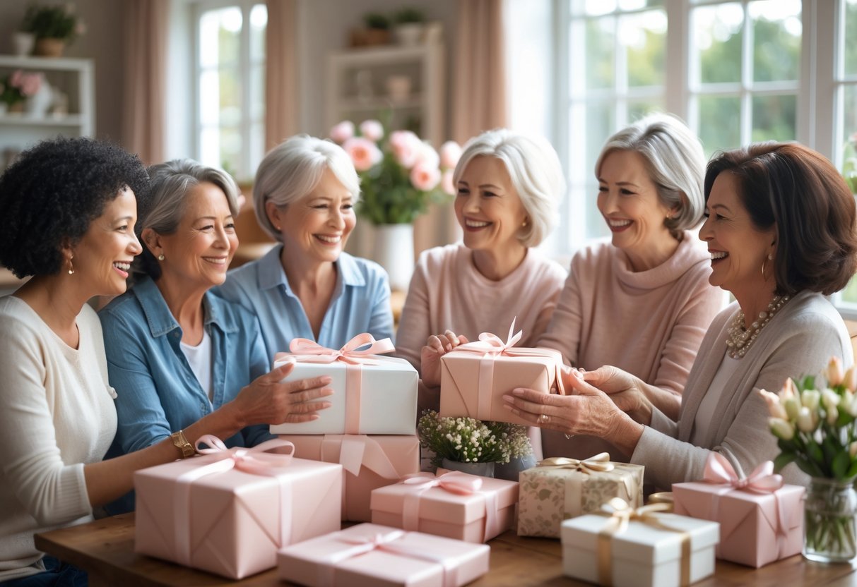 A group of women exchanging gifts and smiling together in a cozy, decorated room celebrating Mother's Day.