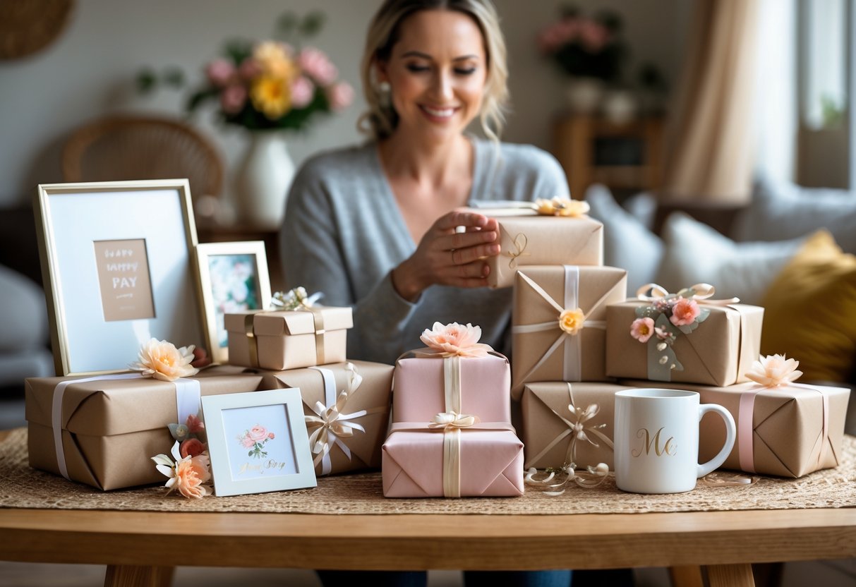 A woman holding a wrapped gift surrounded by various personalized Mother's Day presents on a wooden table in a cozy home setting.