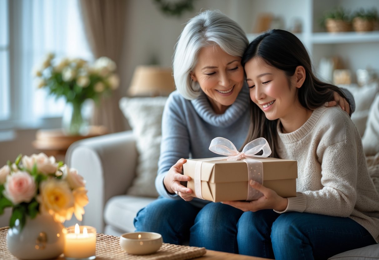 A mother and adult child sharing a warm moment as the mother holds a wrapped gift in a cozy living room with flowers and soft lighting.