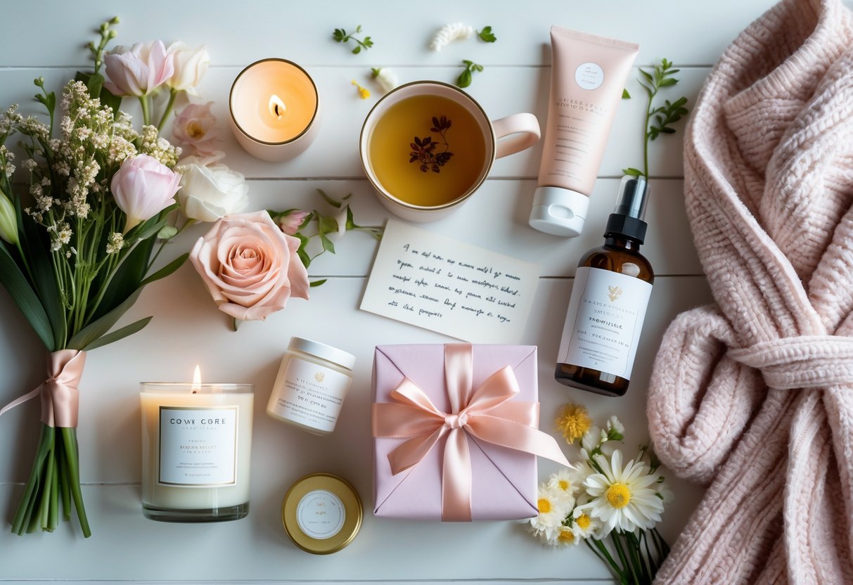 A flat lay of self-care items including candles, skincare products, flowers, a cup of tea, a bathrobe, and a gift box arranged on a light wooden surface.