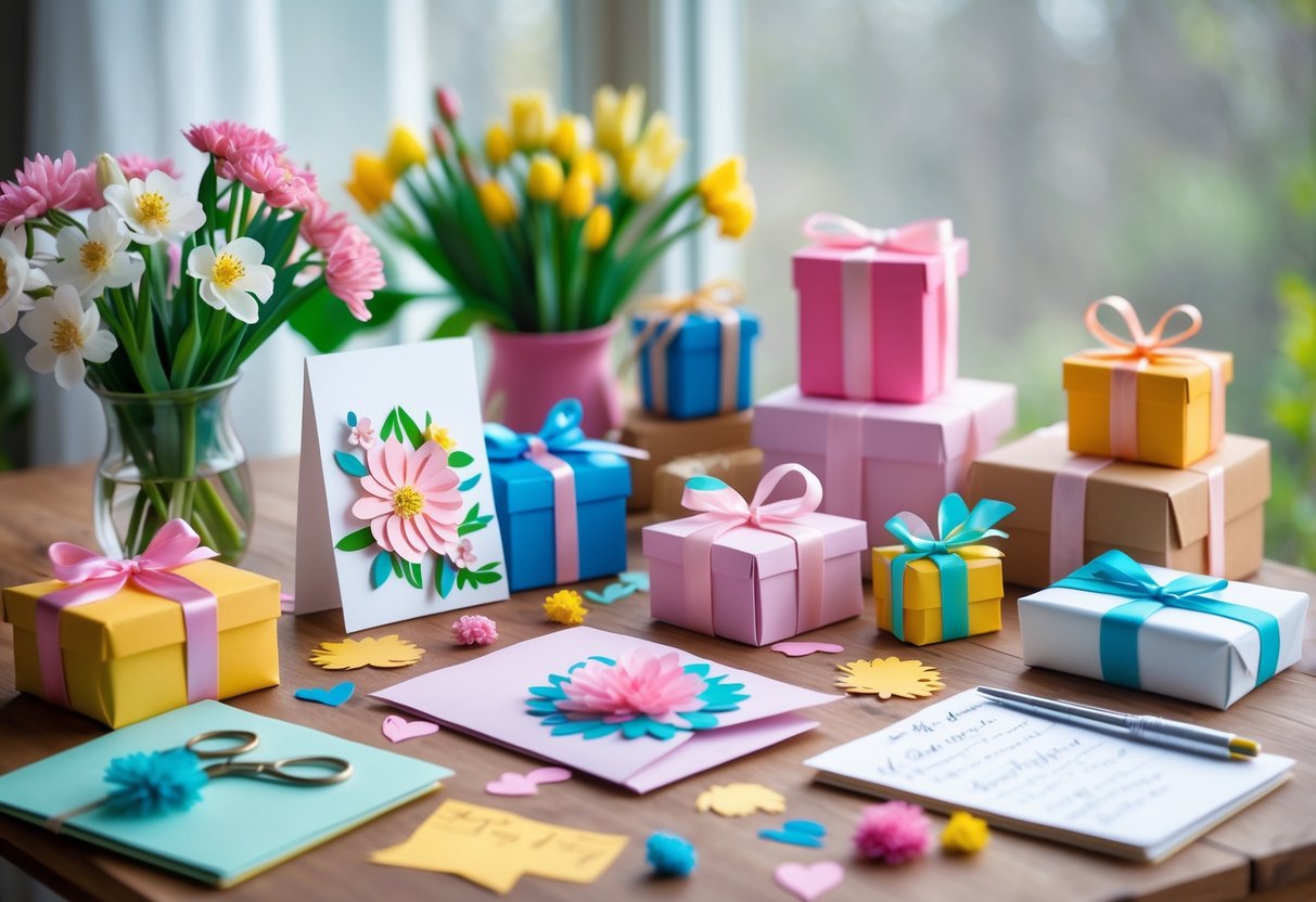 A table displaying handmade Mother's Day gifts including cards, wrapped presents, flowers, and craft supplies in a cozy home setting.