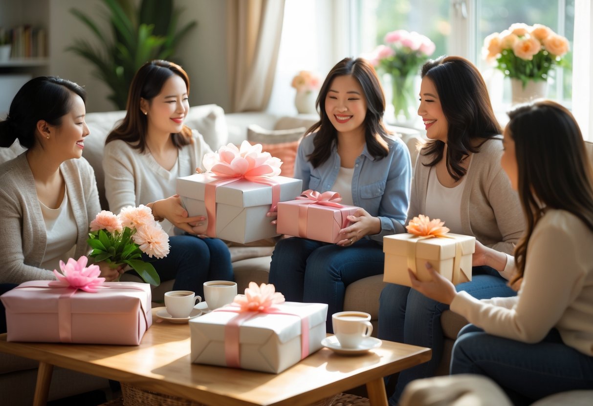 A group of women in a cozy living room giving gifts to a smiling mom, surrounded by flowers and gift boxes.