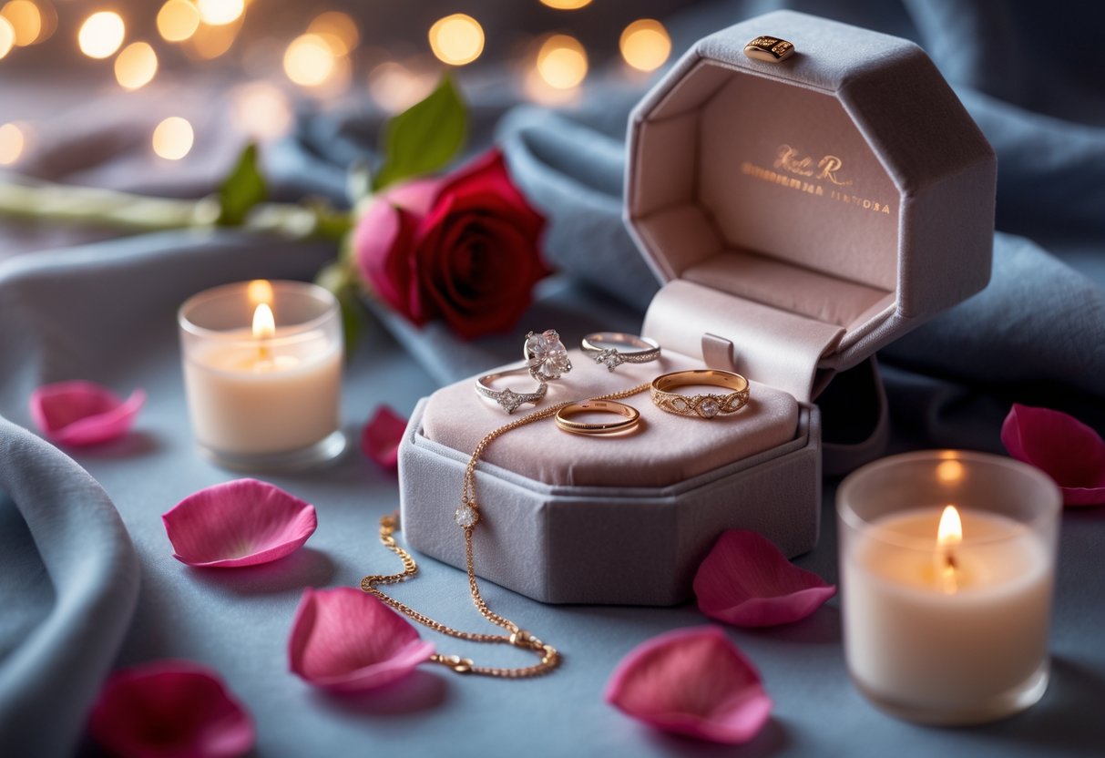 Close-up of elegant jewelry including rings and necklaces displayed with rose petals and soft lighting.