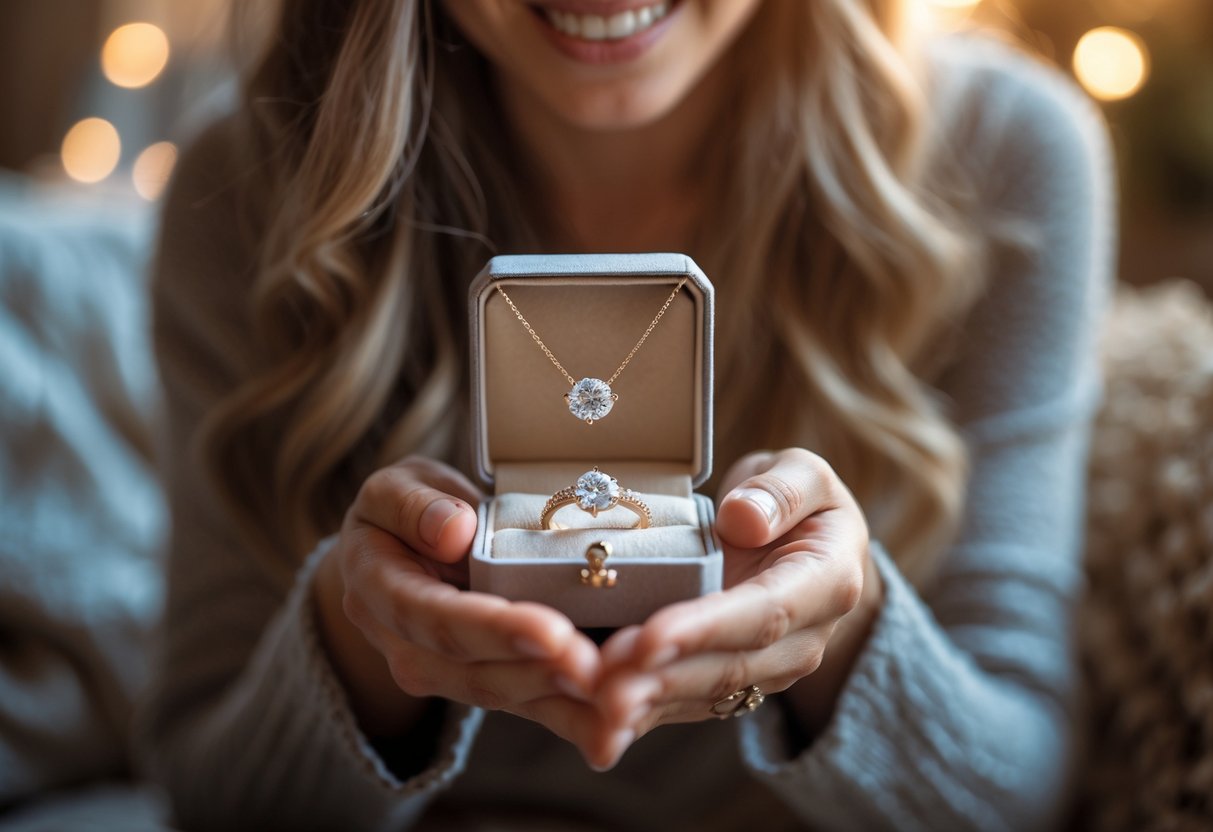 A person giving a jewelry gift to their loved one, who looks joyful and touched.