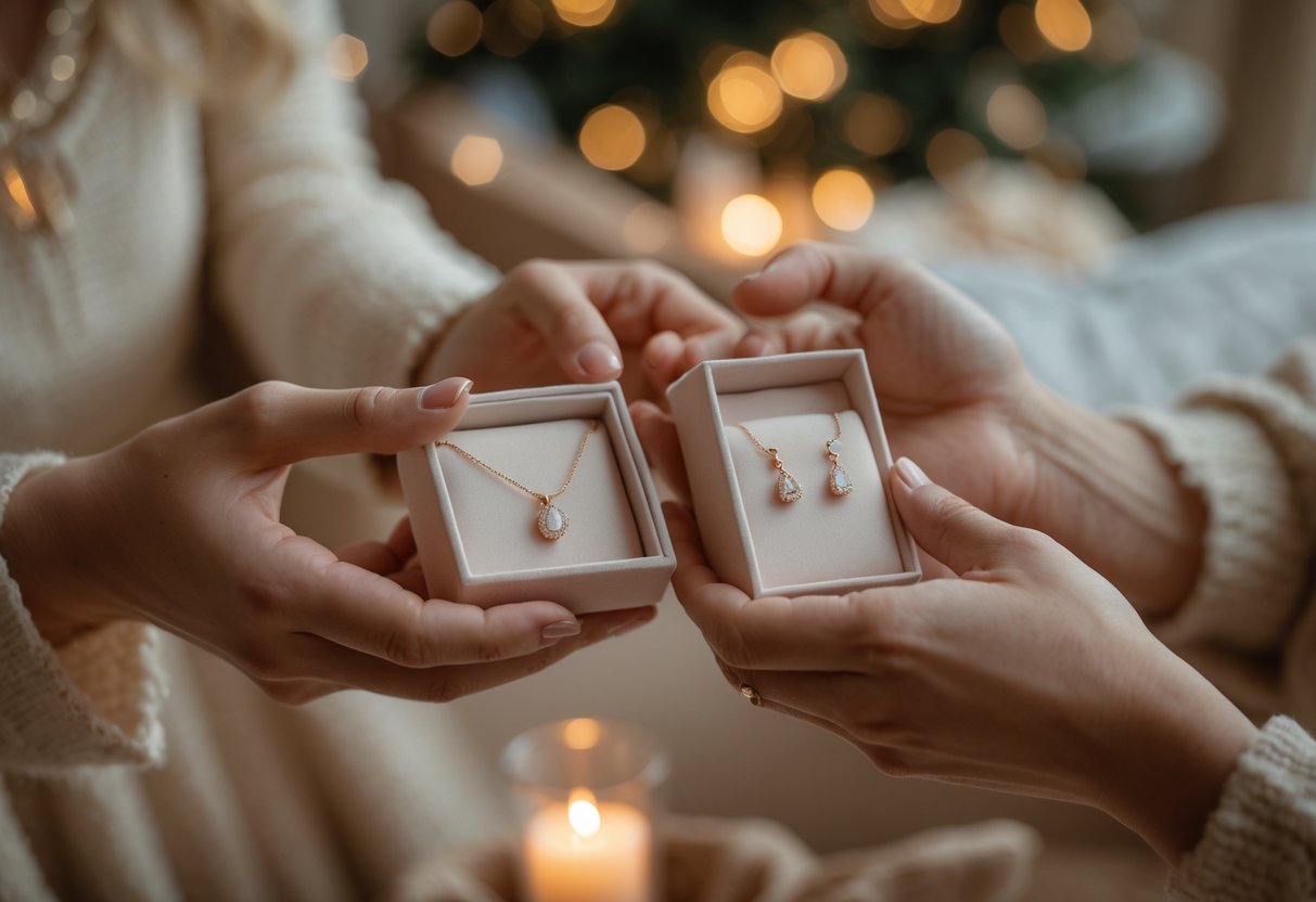 A couple exchanging a jewelry gift in a warm, intimate setting, smiling and holding a jewelry box.
