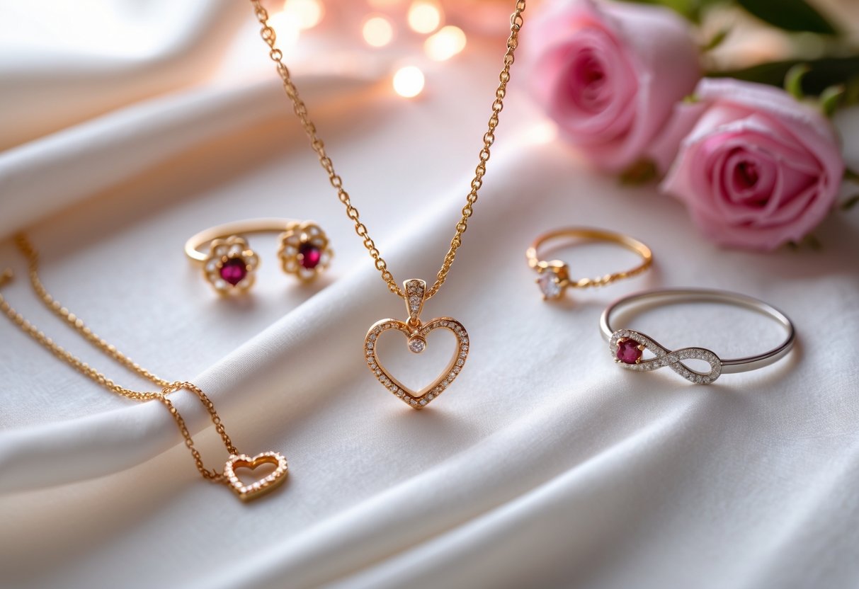 Close-up of heart-shaped pendant necklace, diamond earrings, ruby ring, and infinity bracelet arranged on white fabric.