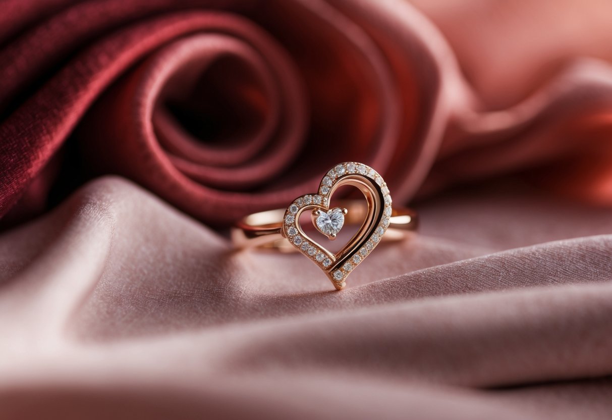 Close-up of a heart-shaped jewelry piece resting on soft fabric, symbolizing a romantic gift.