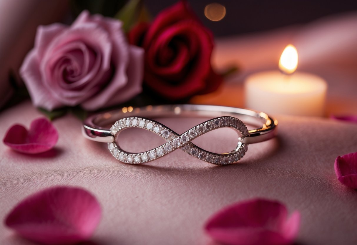 Close-up of an elegant infinity-shaped jewelry piece on a soft fabric background with rose petals and warm lighting.