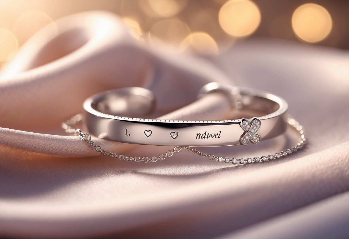 Close-up of engraved silver necklace and bracelet displayed on soft velvet, symbolizing a romantic jewelry gift.